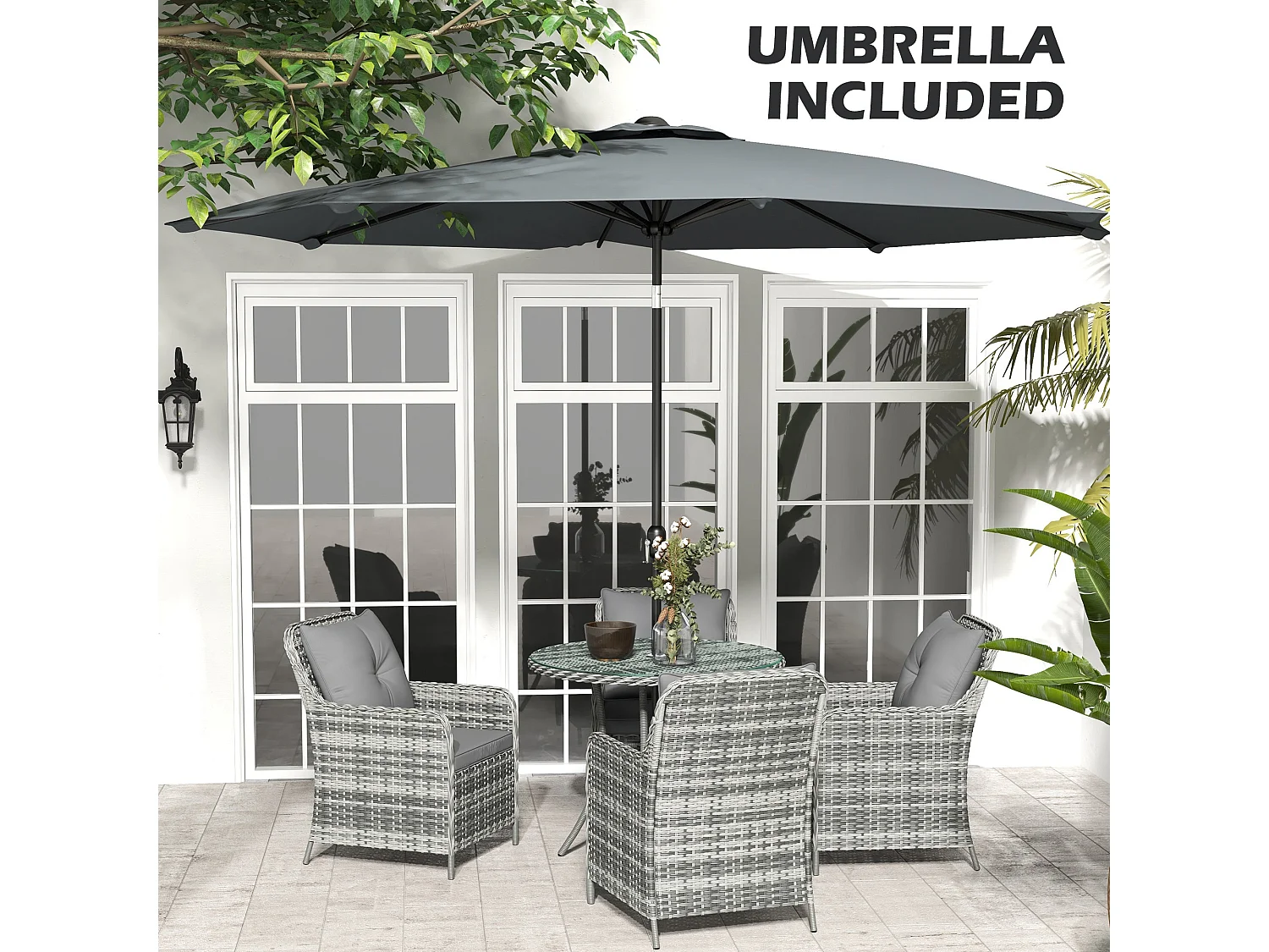 Rolana Nivi 4 Seater Rattan Outdoor Dining Set with Parasol and Cushions