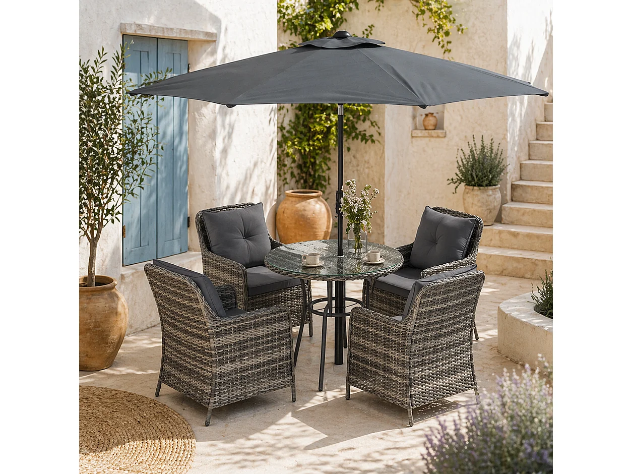 Rolana Nivi 4 Seater Rattan Outdoor Dining Set with Parasol and Cushions