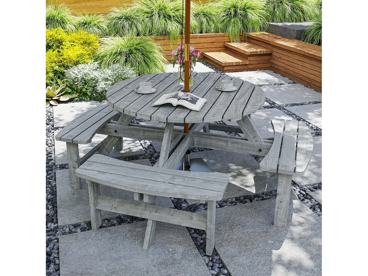 Neel 8 Seater Grey Fir Wood Round Garden Picnic Table and Benches