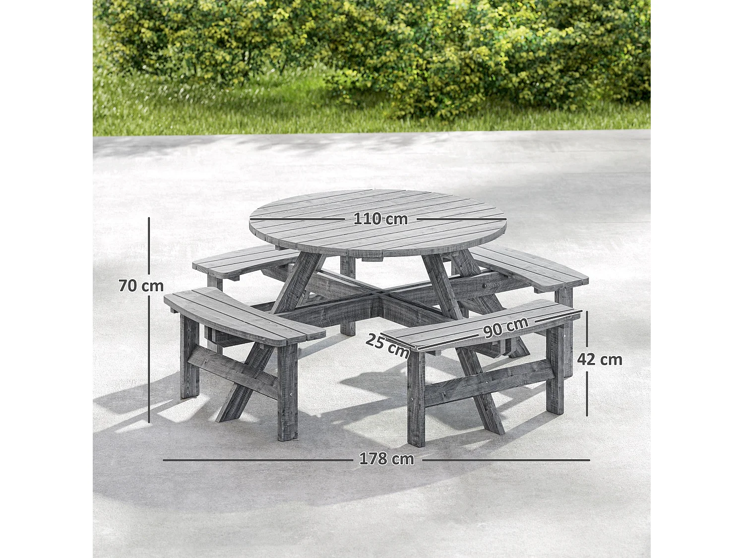 Neel 8 Seater Grey Fir Wood Round Garden Picnic Table and Benches