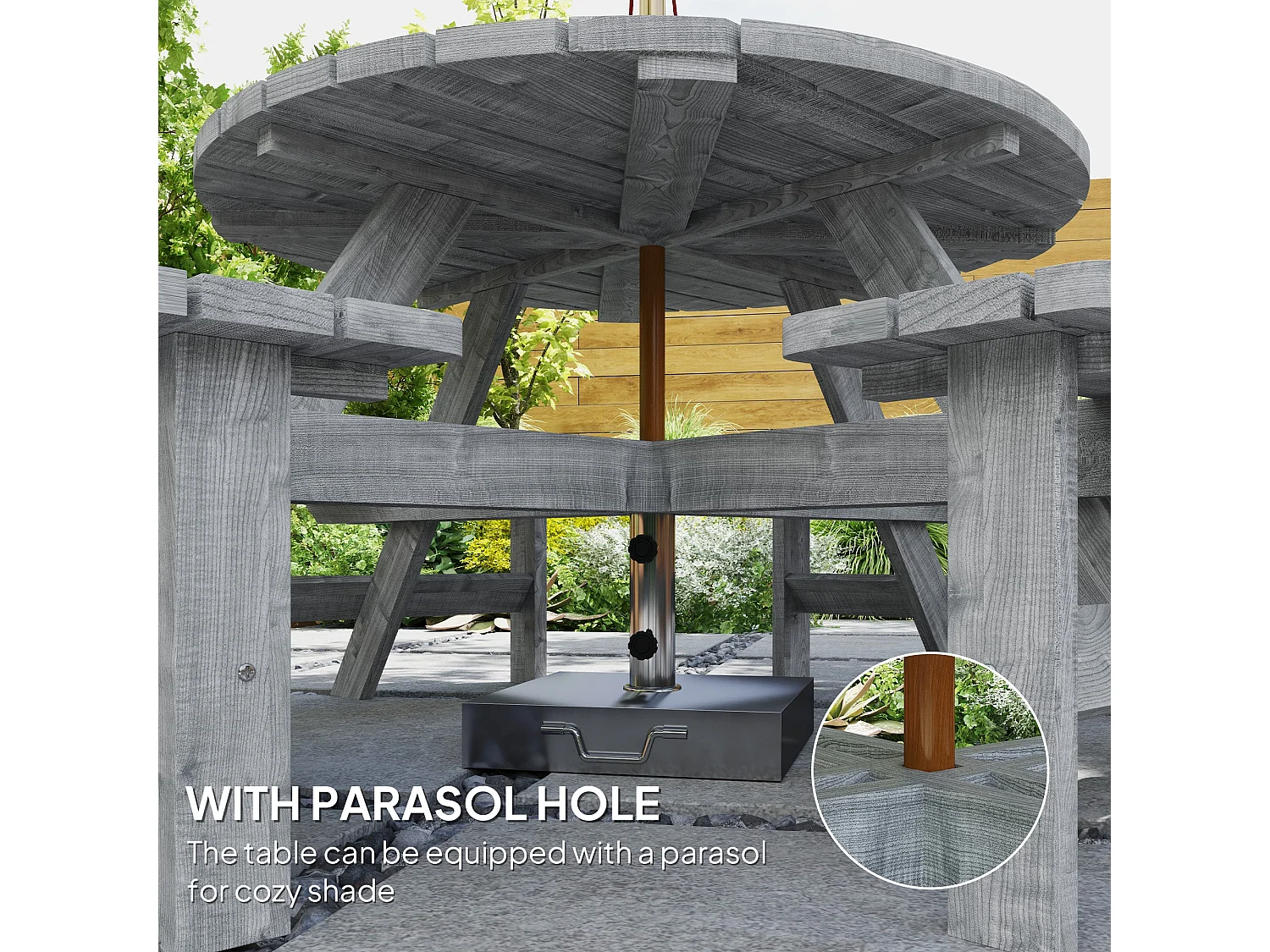 Neel 8 Seater Grey Fir Wood Round Garden Picnic Table and Benches