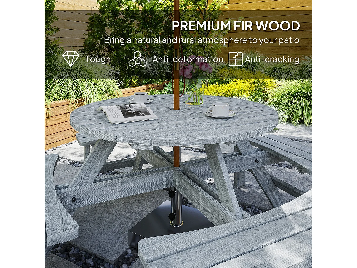 Neel 8 Seater Grey Fir Wood Round Garden Picnic Table and Benches