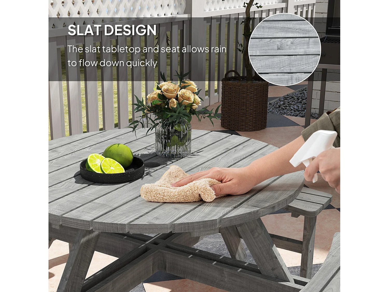 Neel 8 Seater Grey Fir Wood Round Garden Picnic Table and Benches