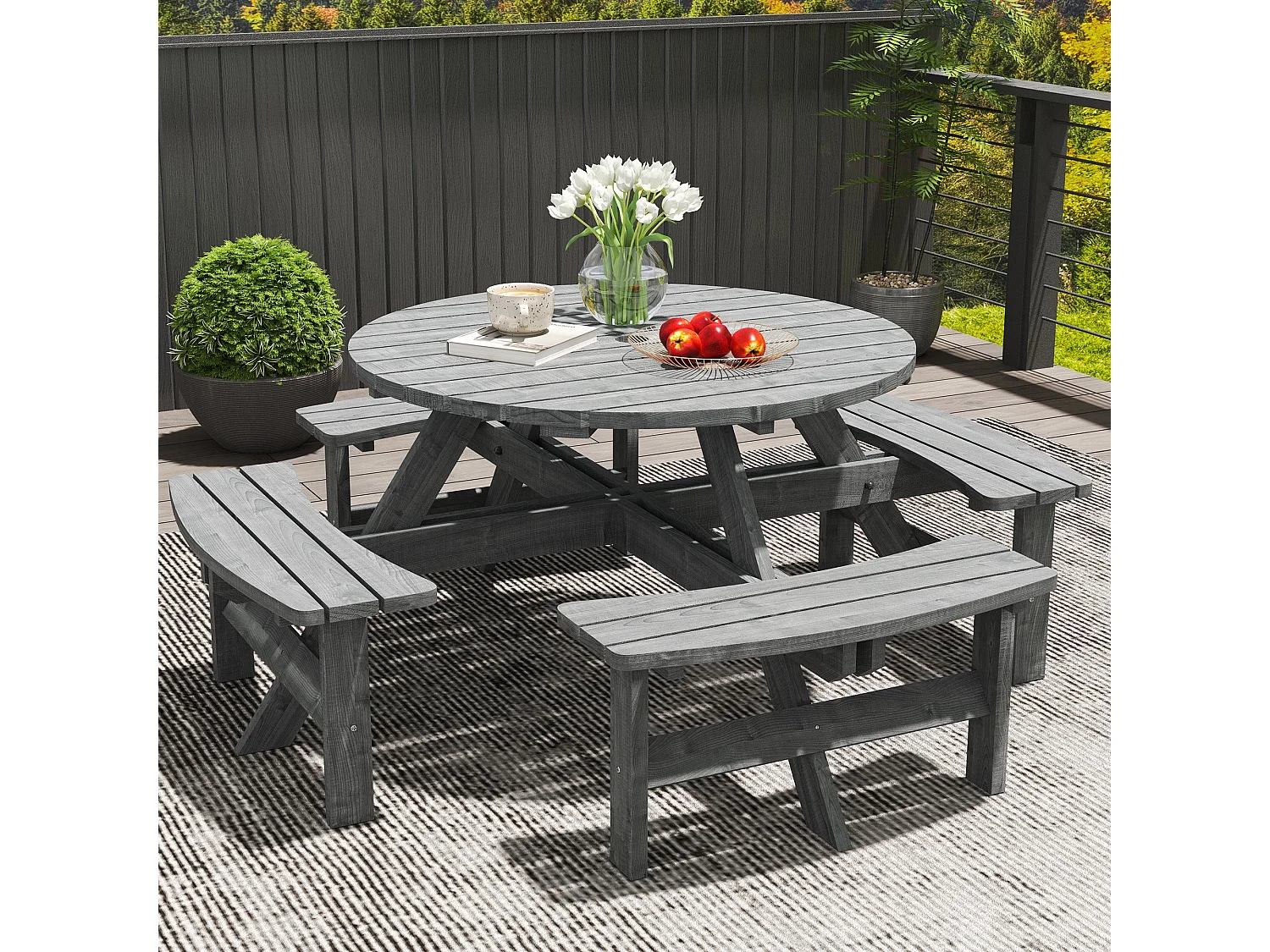 Neel 8 Seater Grey Fir Wood Round Garden Picnic Table and Benches