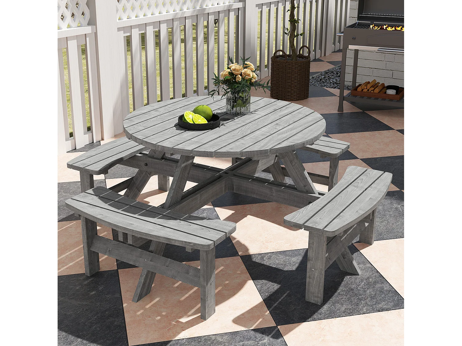 Neel 8 Seater Grey Fir Wood Round Garden Picnic Table and Benches