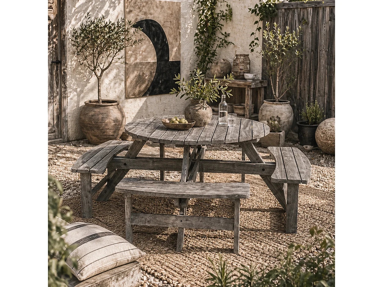 Neel 8 Seater Grey Fir Wood Round Garden Picnic Table and Benches