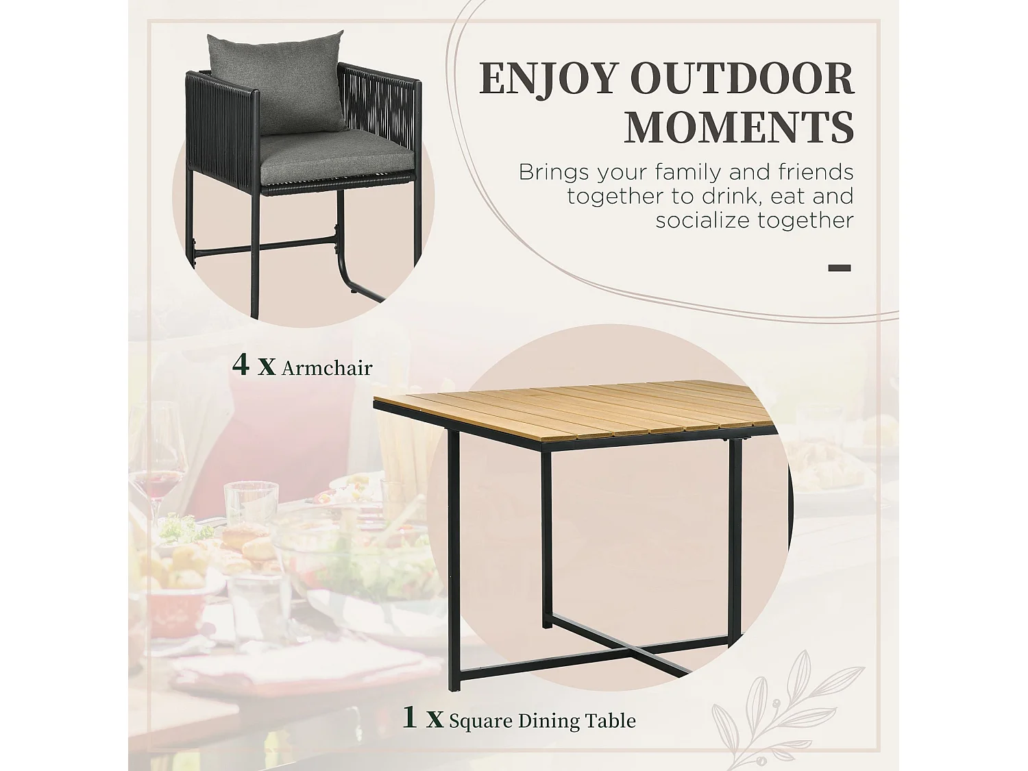 Lilere 4 Seater Cube Rattan Garden Dining Set with Cushions and Wood Effect Table