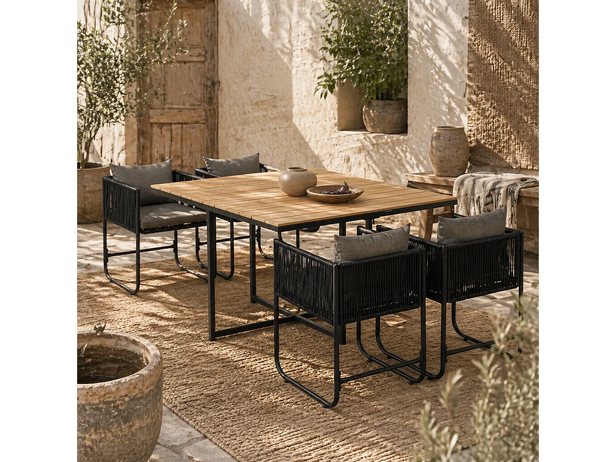 Lilere 4 Seater Cube Rattan Garden Dining Set with Cushions and Wood Effect Table