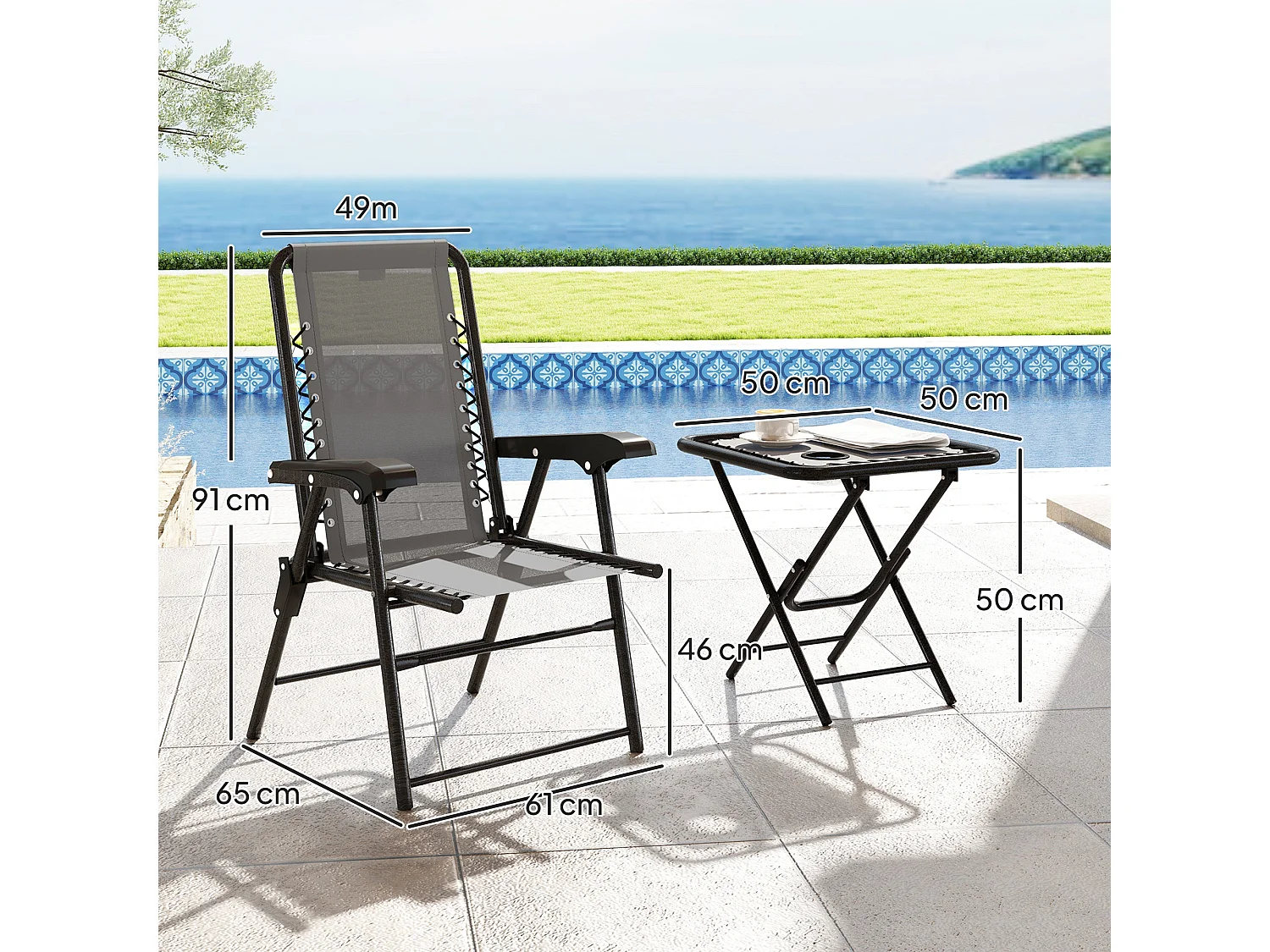 Lano Metal Dark Grey Mesh 3 Piece Folding Garden Bistro Set