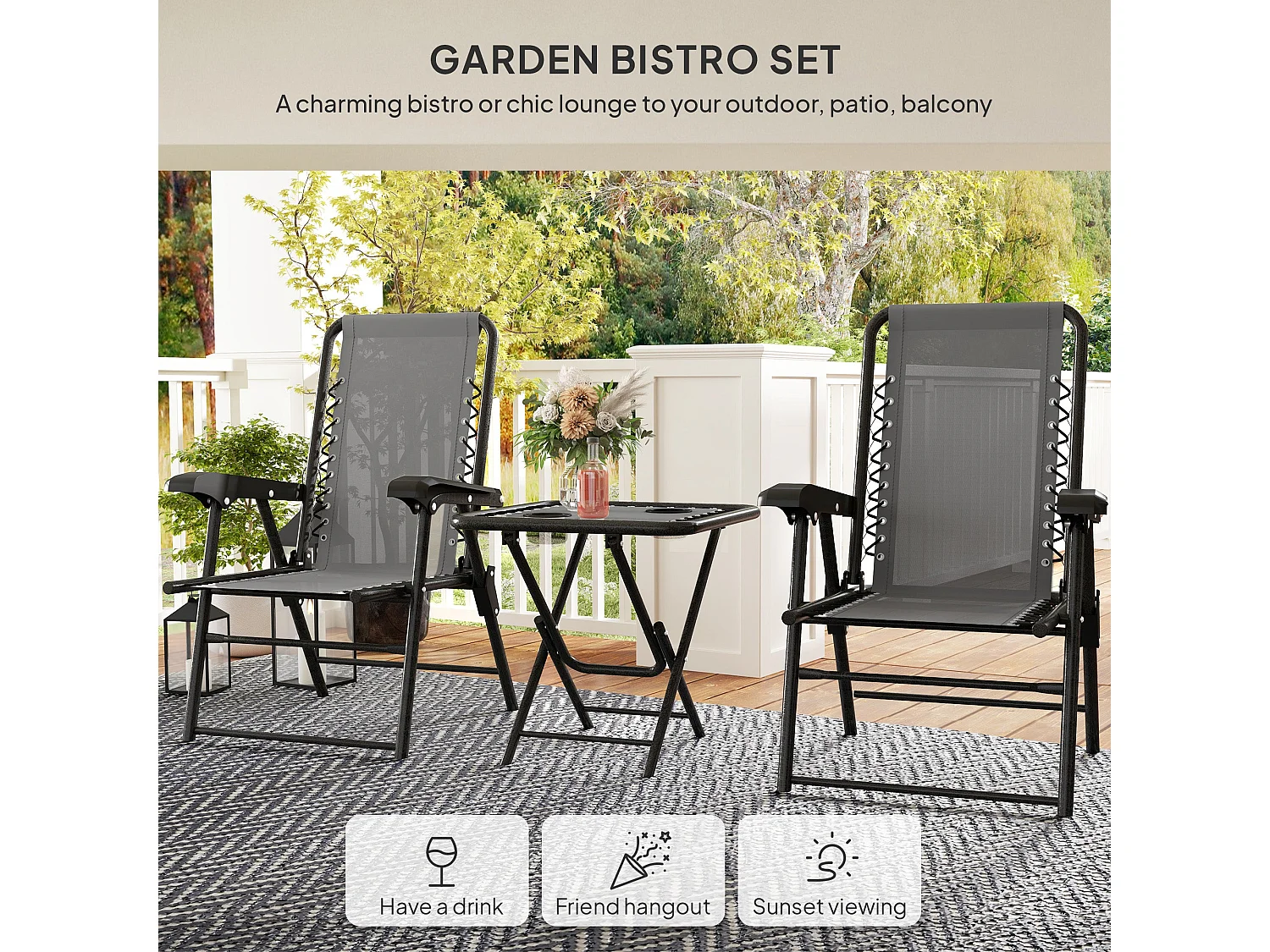 Lano Metal Dark Grey Mesh 3 Piece Folding Garden Bistro Set