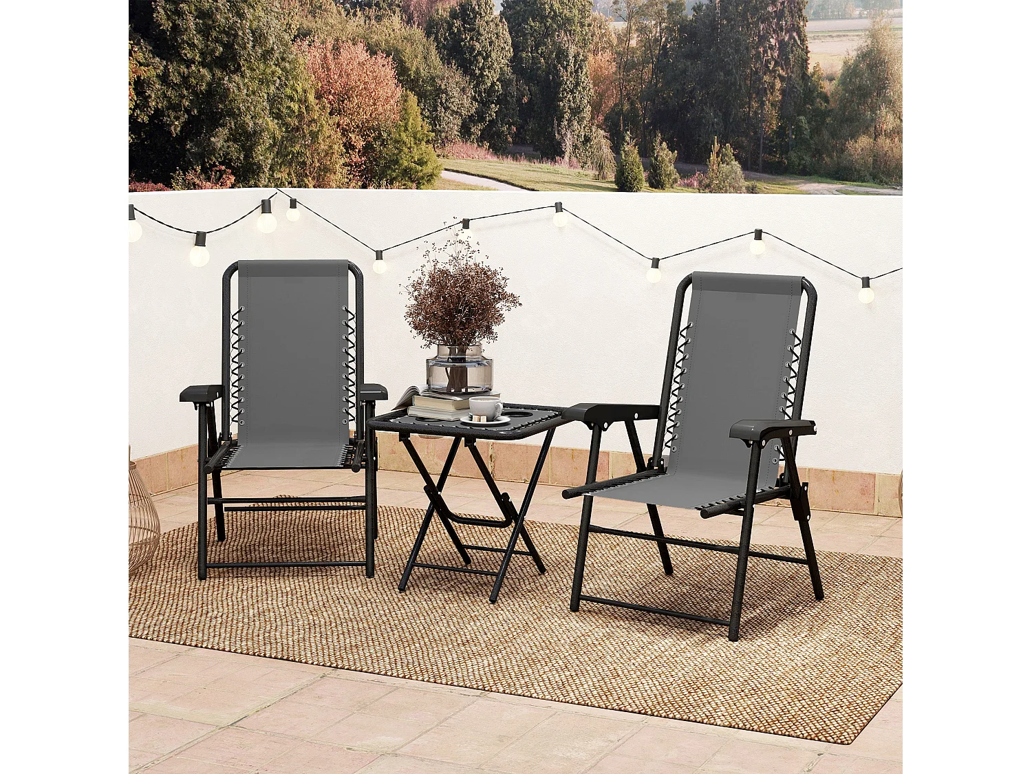 Lano Metal Dark Grey Mesh 3 Piece Folding Garden Bistro Set