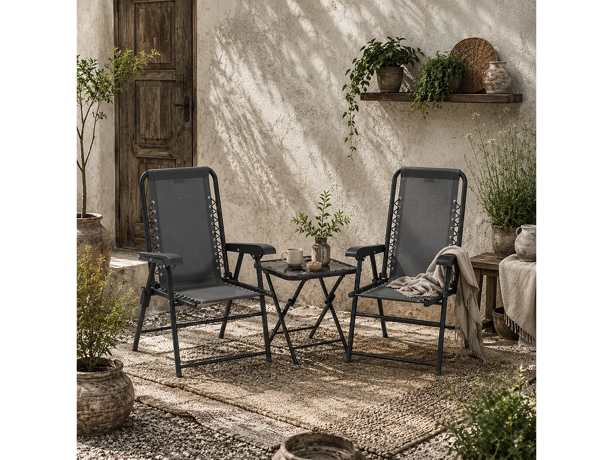 Lano Metal Dark Grey Mesh 3 Piece Folding Garden Bistro Set