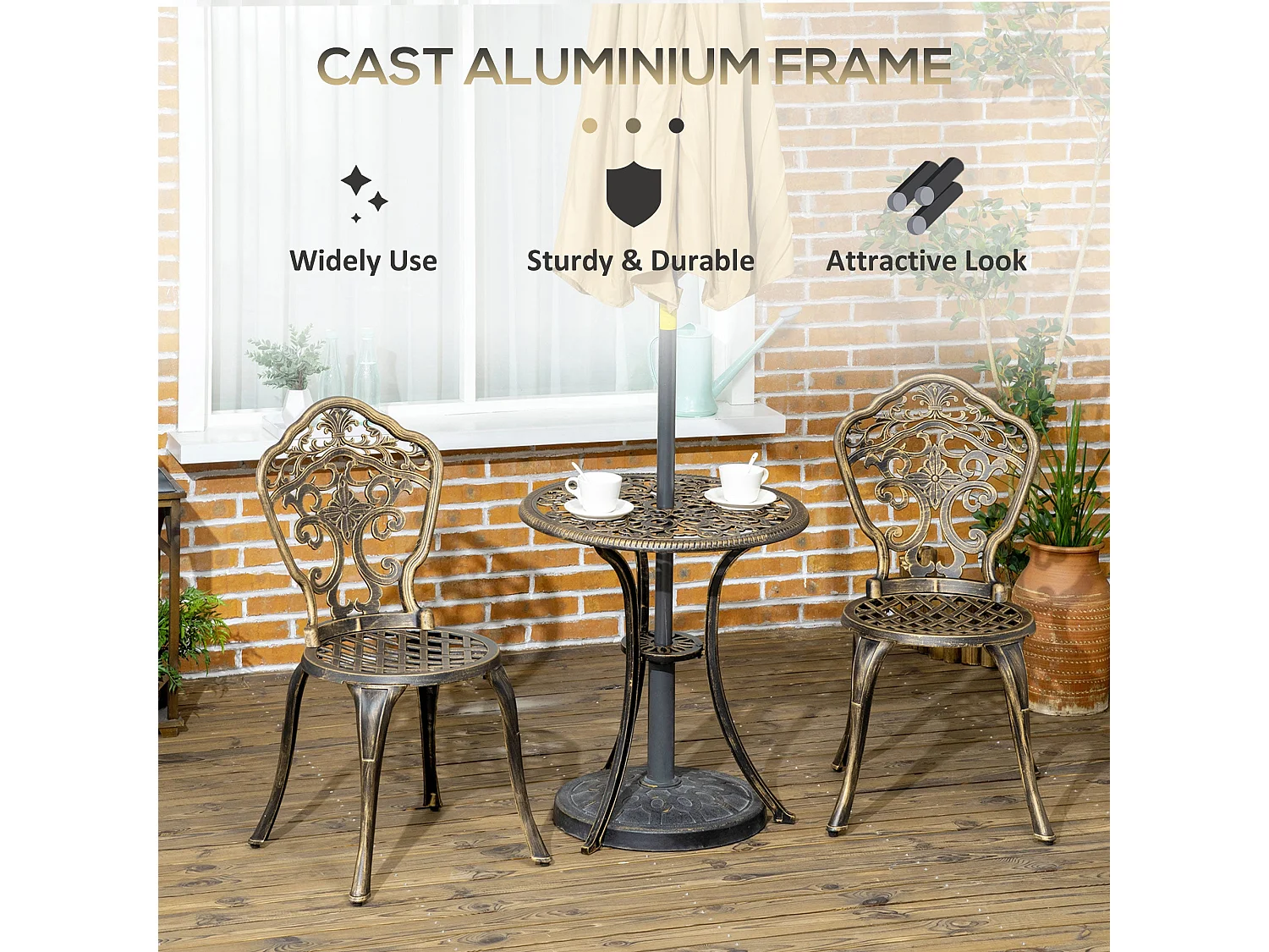 Bava Bronze Cast Aluminium 3 Piece Garden Bistro Set with Parasol Hole