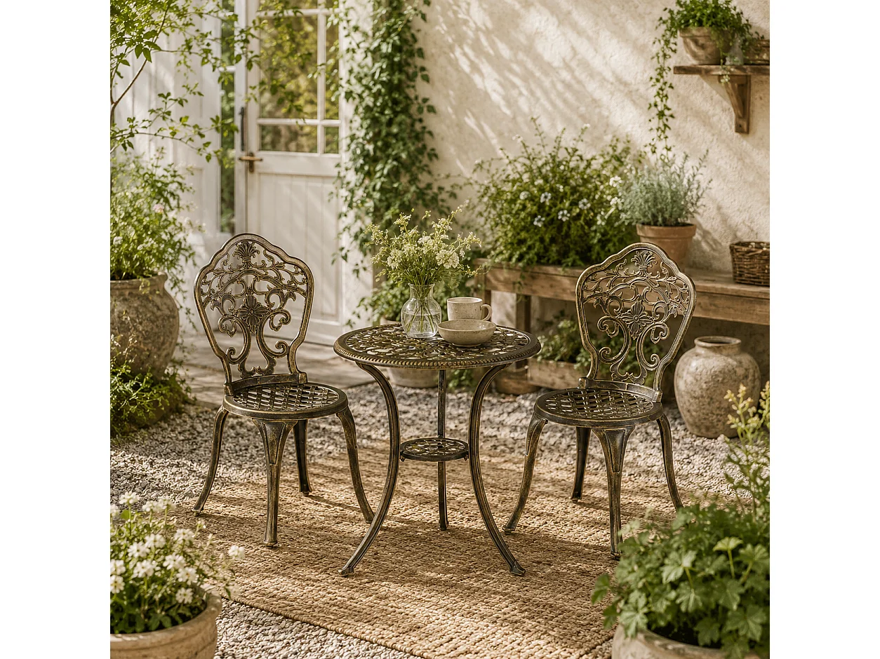 Bava Bronze Cast Aluminium 3 Piece Garden Bistro Set with Parasol Hole