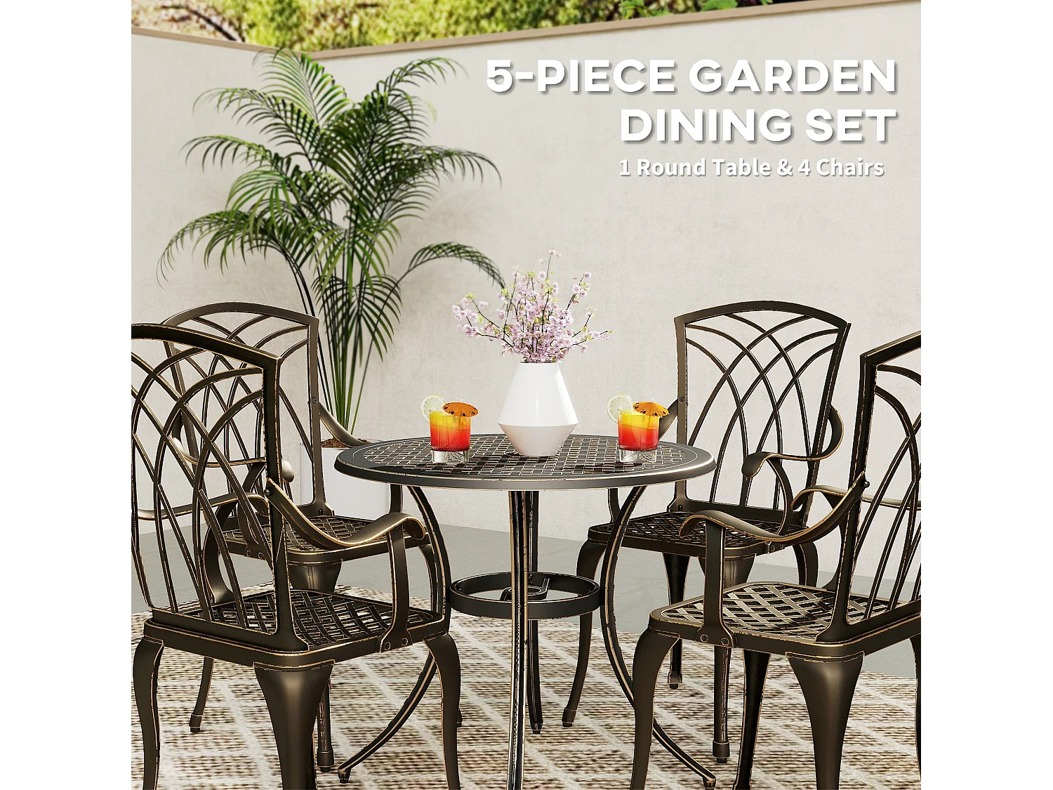 Sake 4 Seater Bronze Cast Aluminium Garden Dining Set with Parasol Hole