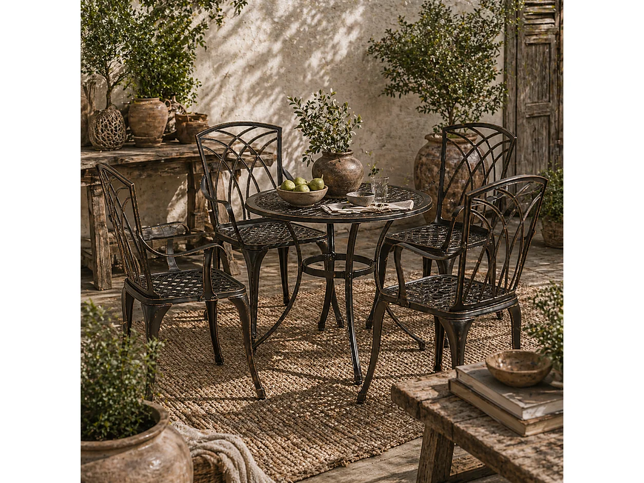 Sake 4 Seater Bronze Cast Aluminium Garden Dining Set with Parasol Hole