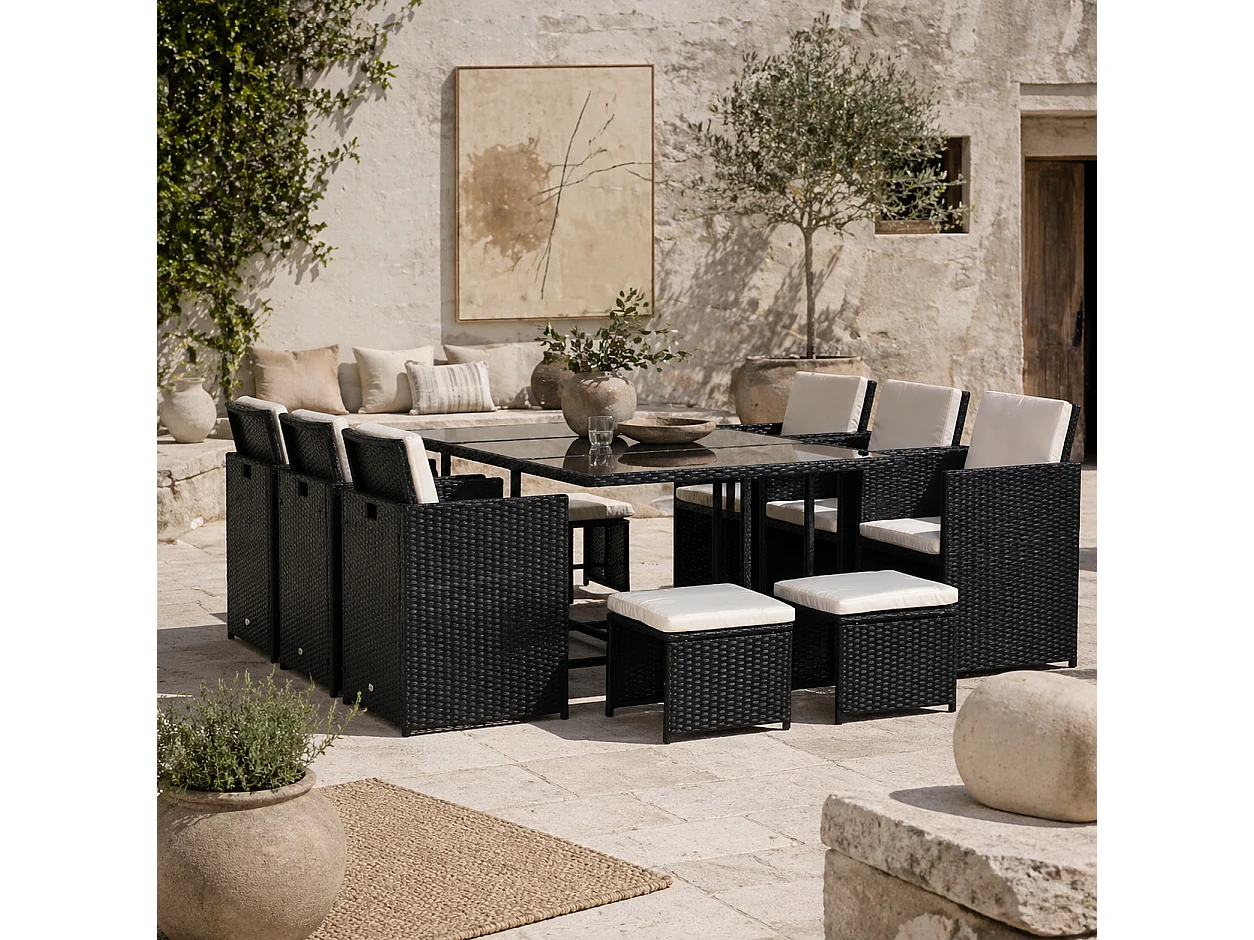Lokeha 10 Seater Black and Milk White Rattan Outdoor Dining Set