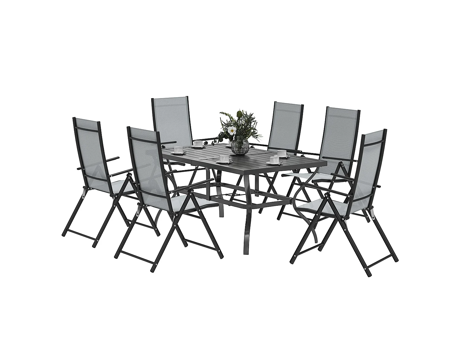 Mamoka 6 Seater Outdoor Dining Set Steel Frame Grey Texteline Chairs Parasol Hole