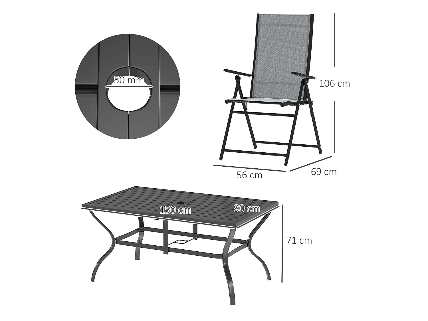 Mamoka 6 Seater Outdoor Dining Set Steel Frame Grey Texteline Chairs Parasol Hole