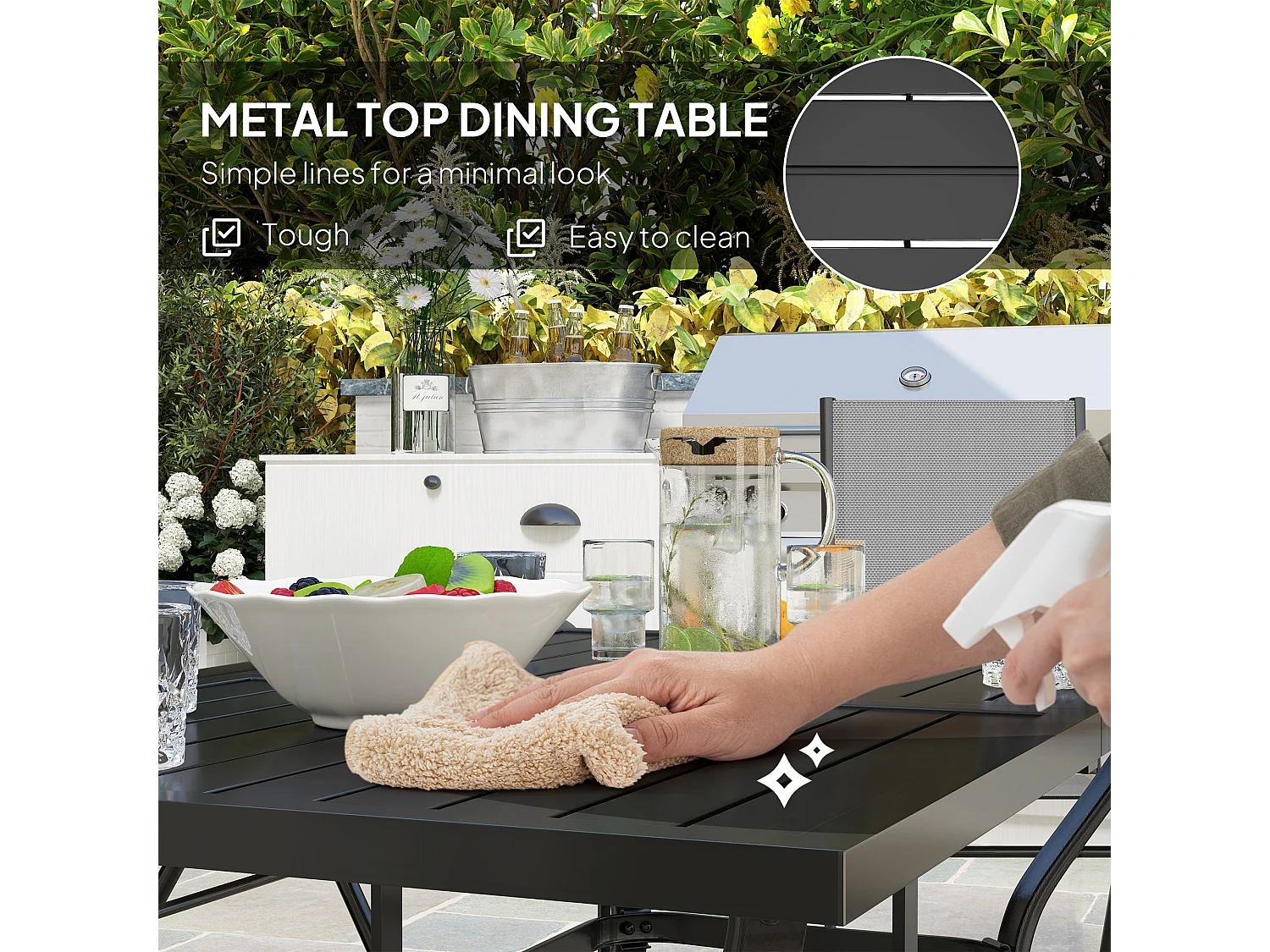 Mamoka 6 Seater Outdoor Dining Set Steel Frame Grey Texteline Chairs Parasol Hole