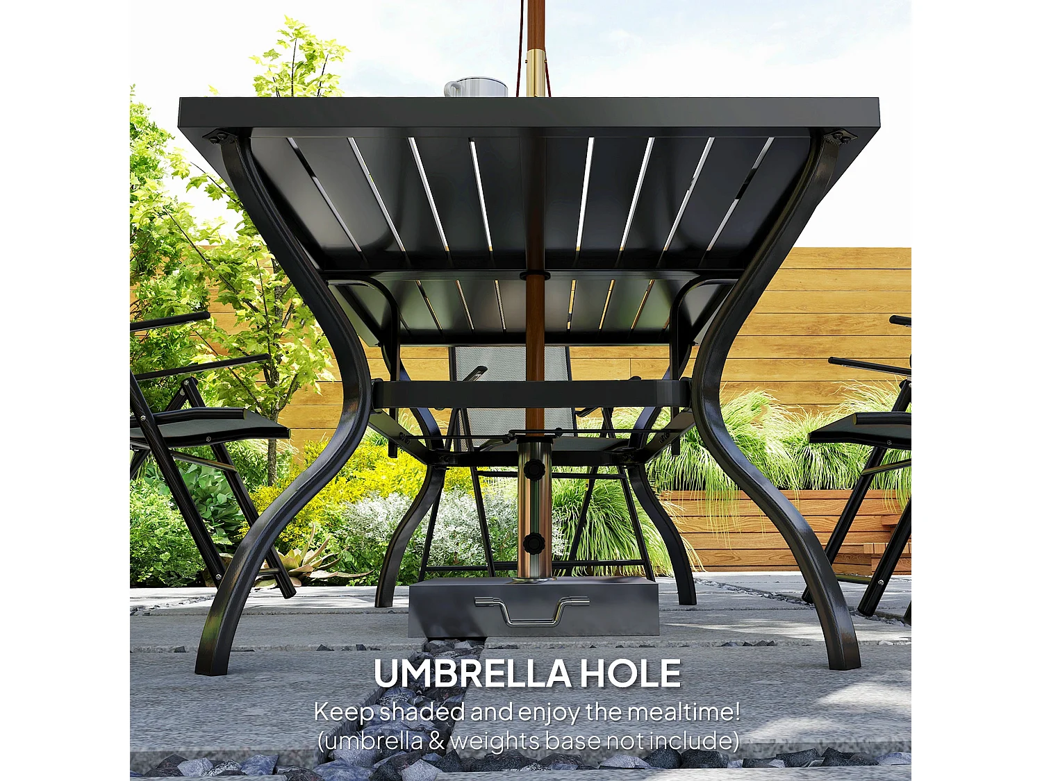 Mamoka 6 Seater Outdoor Dining Set Steel Frame Grey Texteline Chairs Parasol Hole