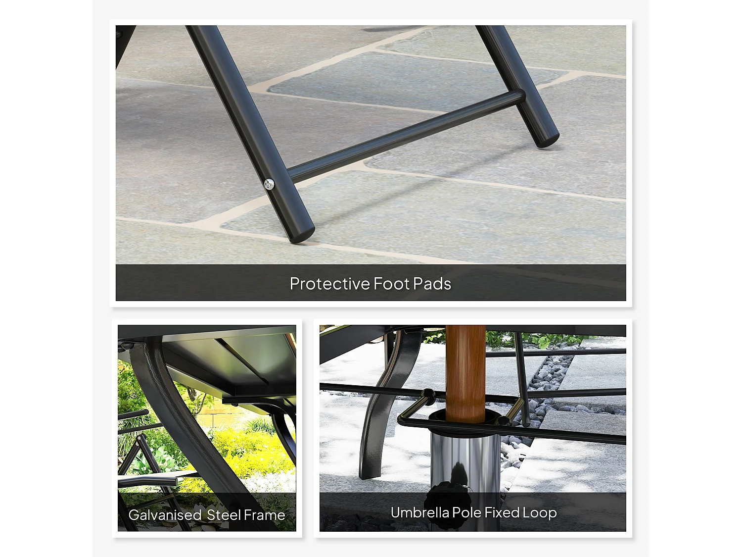 Mamoka 6 Seater Outdoor Dining Set Steel Frame Grey Texteline Chairs Parasol Hole
