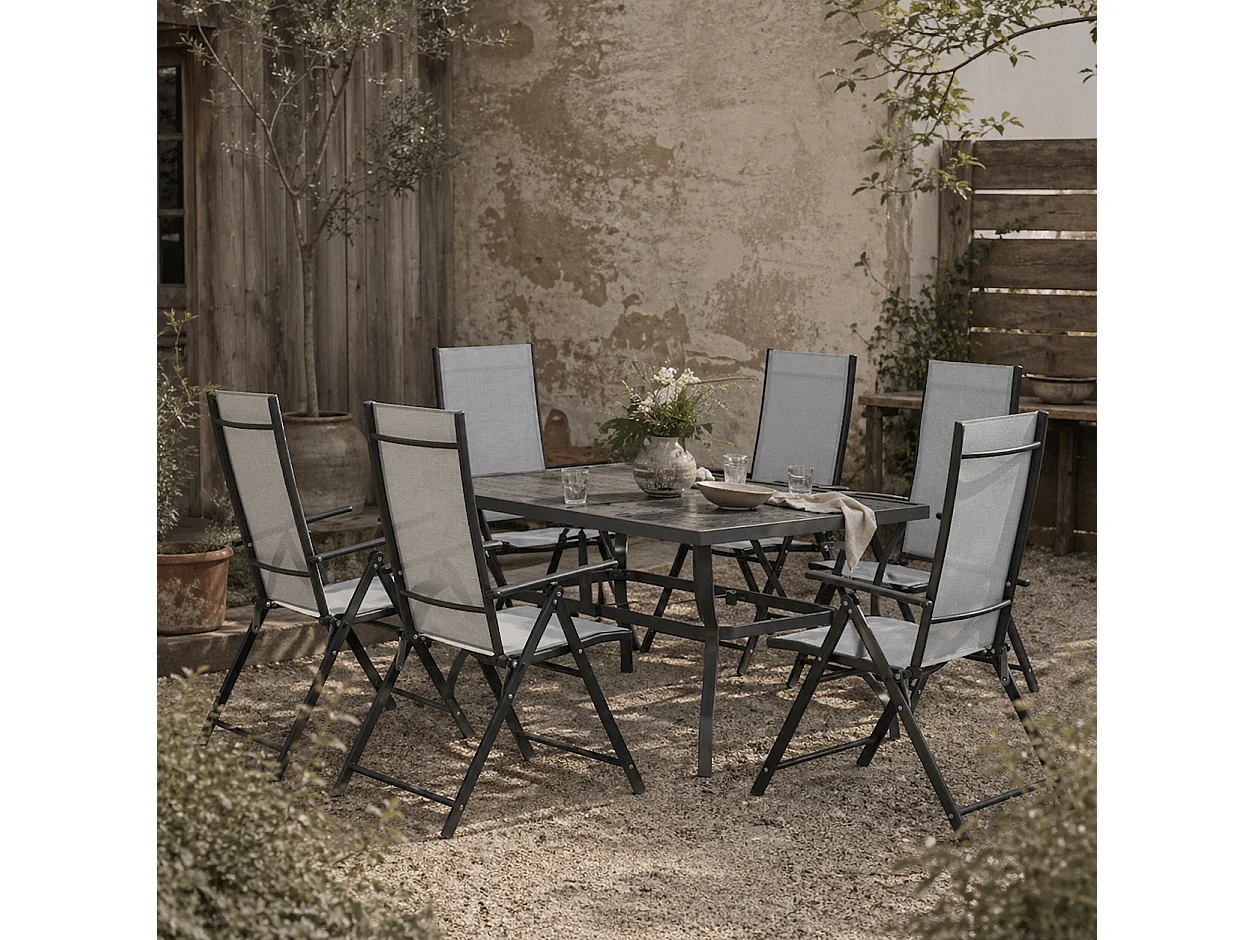 Mamoka 6 Seater Outdoor Dining Set Steel Frame Grey Texteline Chairs Parasol Hole