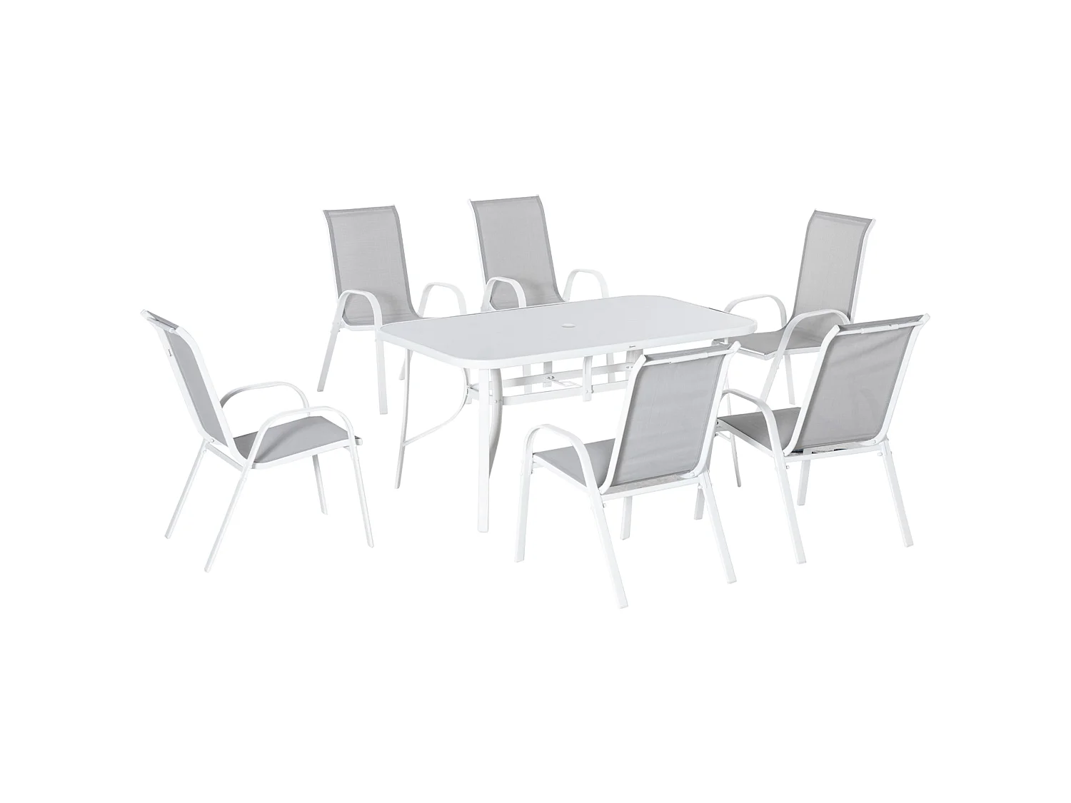 Niseso 6 Seater Outdoor Dining Set White Metal Frame Light Grey Mesh Chairs Tempered Glass Table