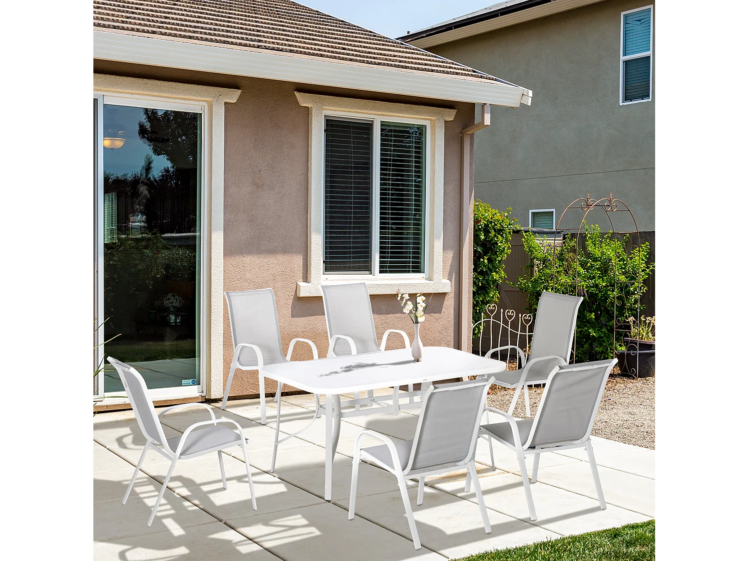 Niseso 6 Seater Outdoor Dining Set White Metal Frame Light Grey Mesh Chairs Tempered Glass Table