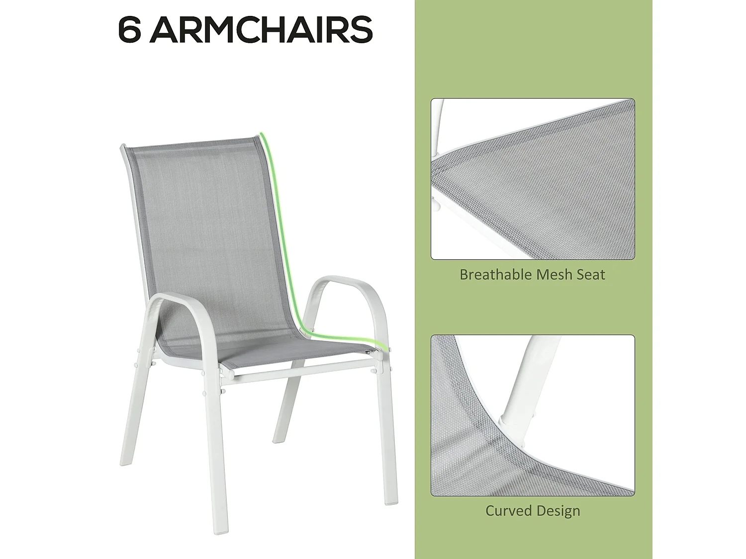 Niseso 6 Seater Outdoor Dining Set White Metal Frame Light Grey Mesh Chairs Tempered Glass Table