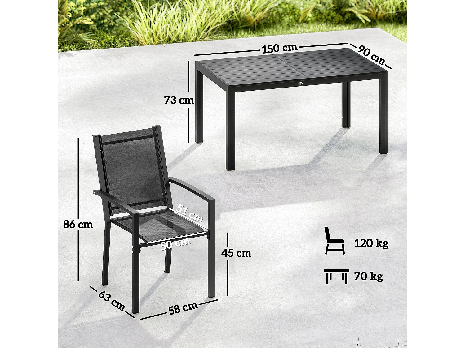 Nohafa 6 Seater Black Mesh Garden Dining Set with Rectangular 150 x 90cm Table