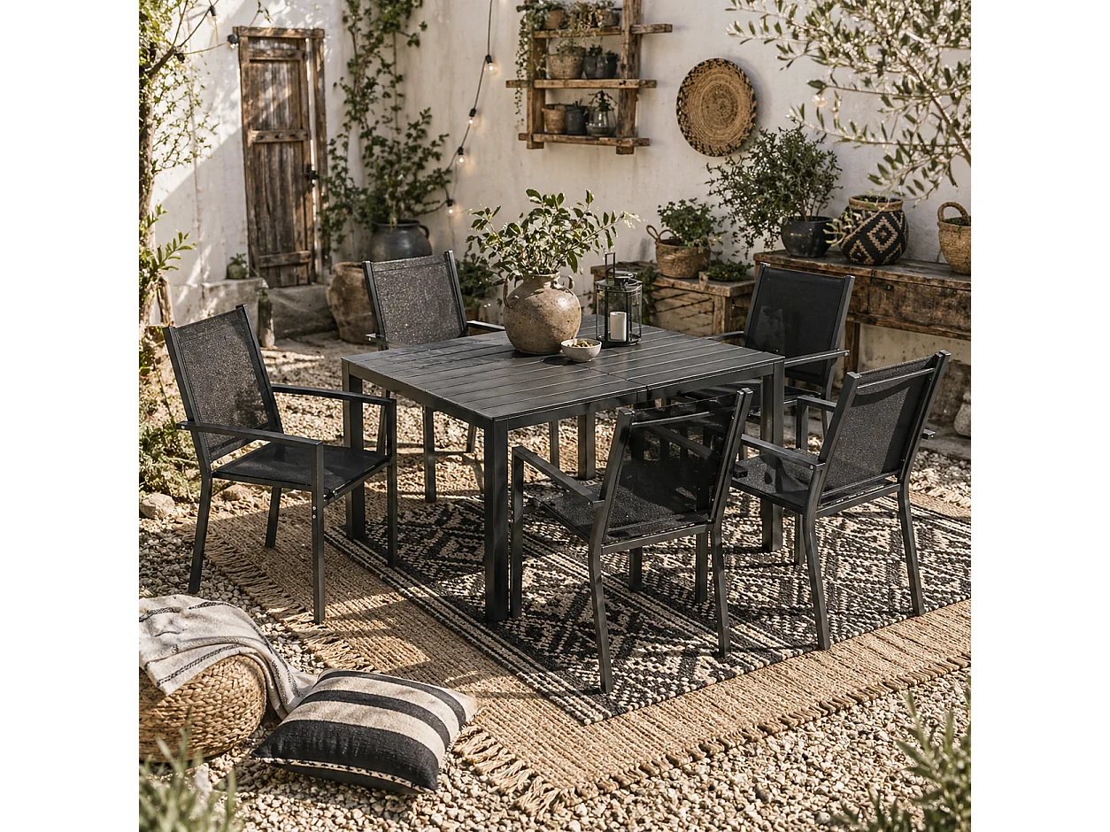 Nohafa 6 Seater Black Mesh Garden Dining Set with Rectangular 150 x 90cm Table
