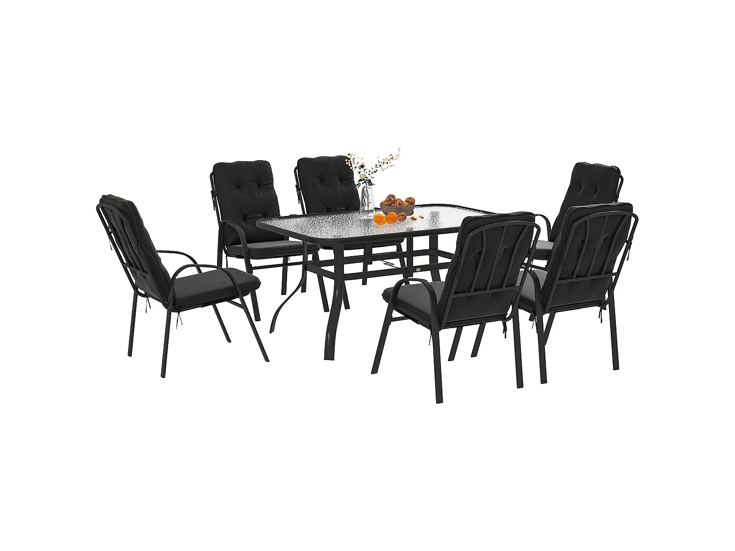 Sahale 6 Seater Black Garden Dining Set with Tempered Glass Table and Padded Cushions