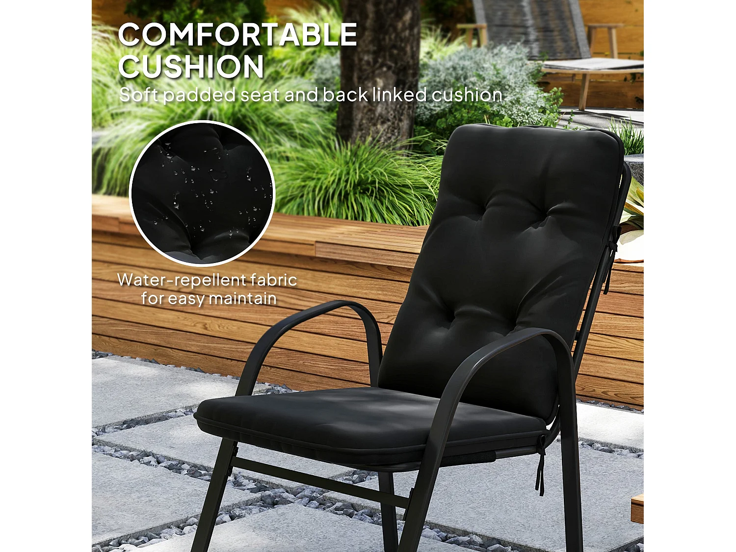 Sahale 6 Seater Black Garden Dining Set with Tempered Glass Table and Padded Cushions