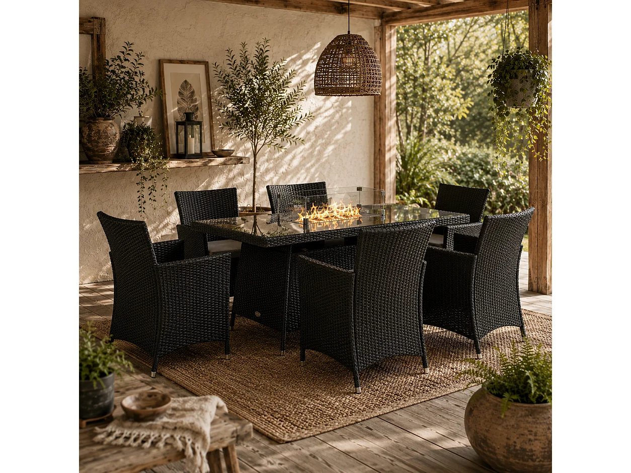 Lemadi Rattan 6 Seater Outdoor Dining Set with Fire Pit Table