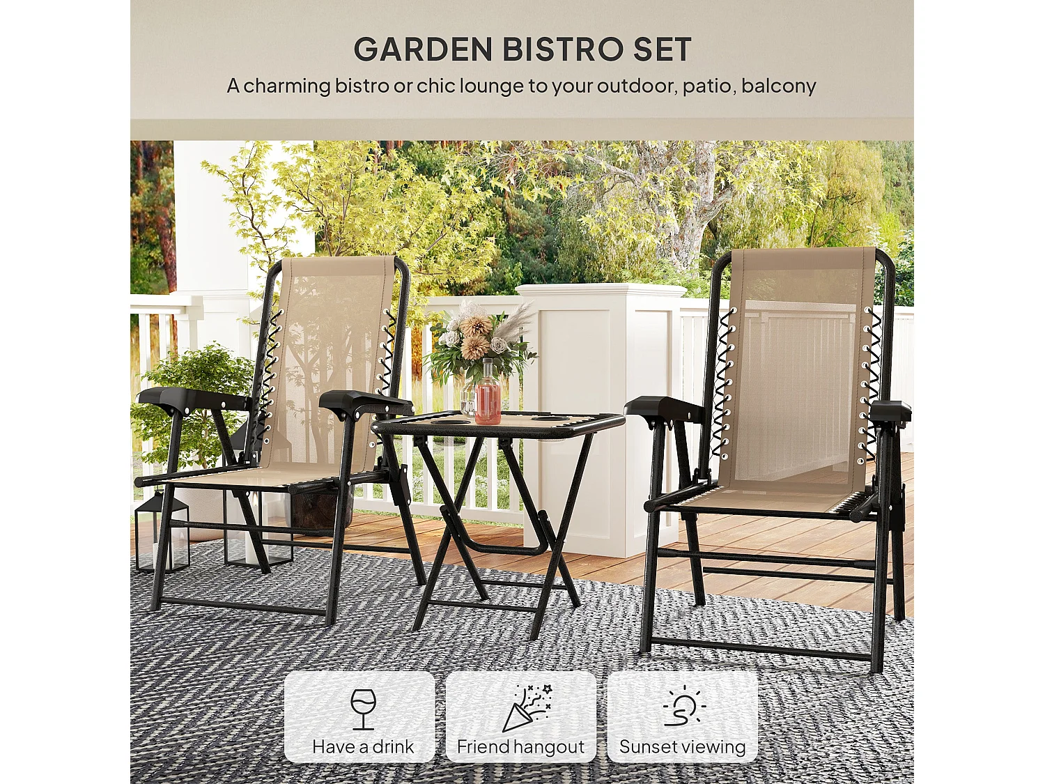 Fihake 3 Piece Khaki and Cream Folding Bistro Set Metal Frame Breathable Mesh