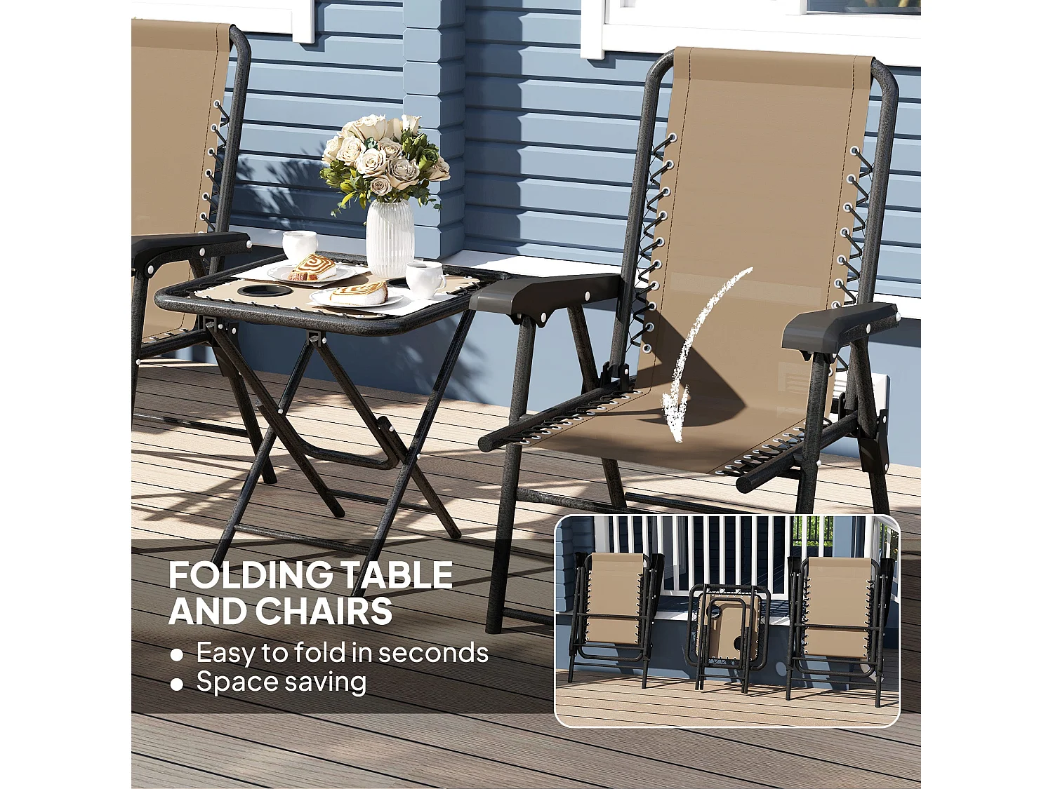 Fihake 3 Piece Khaki and Cream Folding Bistro Set Metal Frame Breathable Mesh