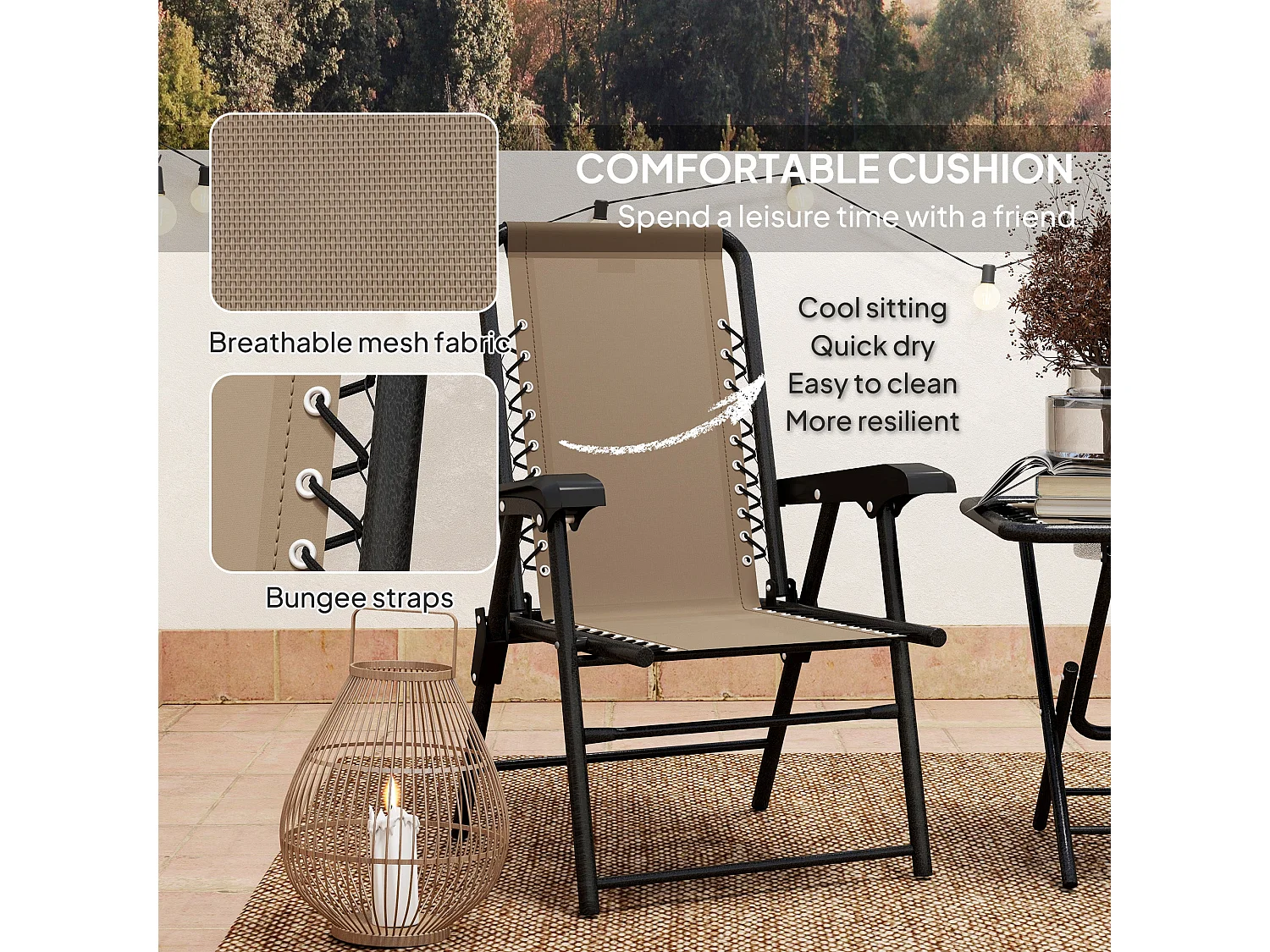 Fihake 3 Piece Khaki and Cream Folding Bistro Set Metal Frame Breathable Mesh