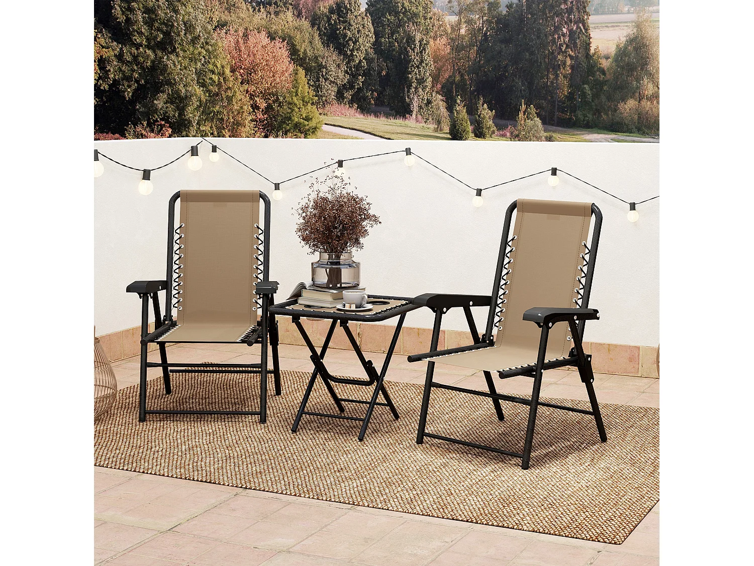 Fihake 3 Piece Khaki and Cream Folding Bistro Set Metal Frame Breathable Mesh