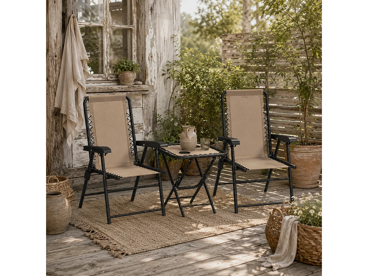 Fihake 3 Piece Khaki and Cream Folding Bistro Set Metal Frame Breathable Mesh