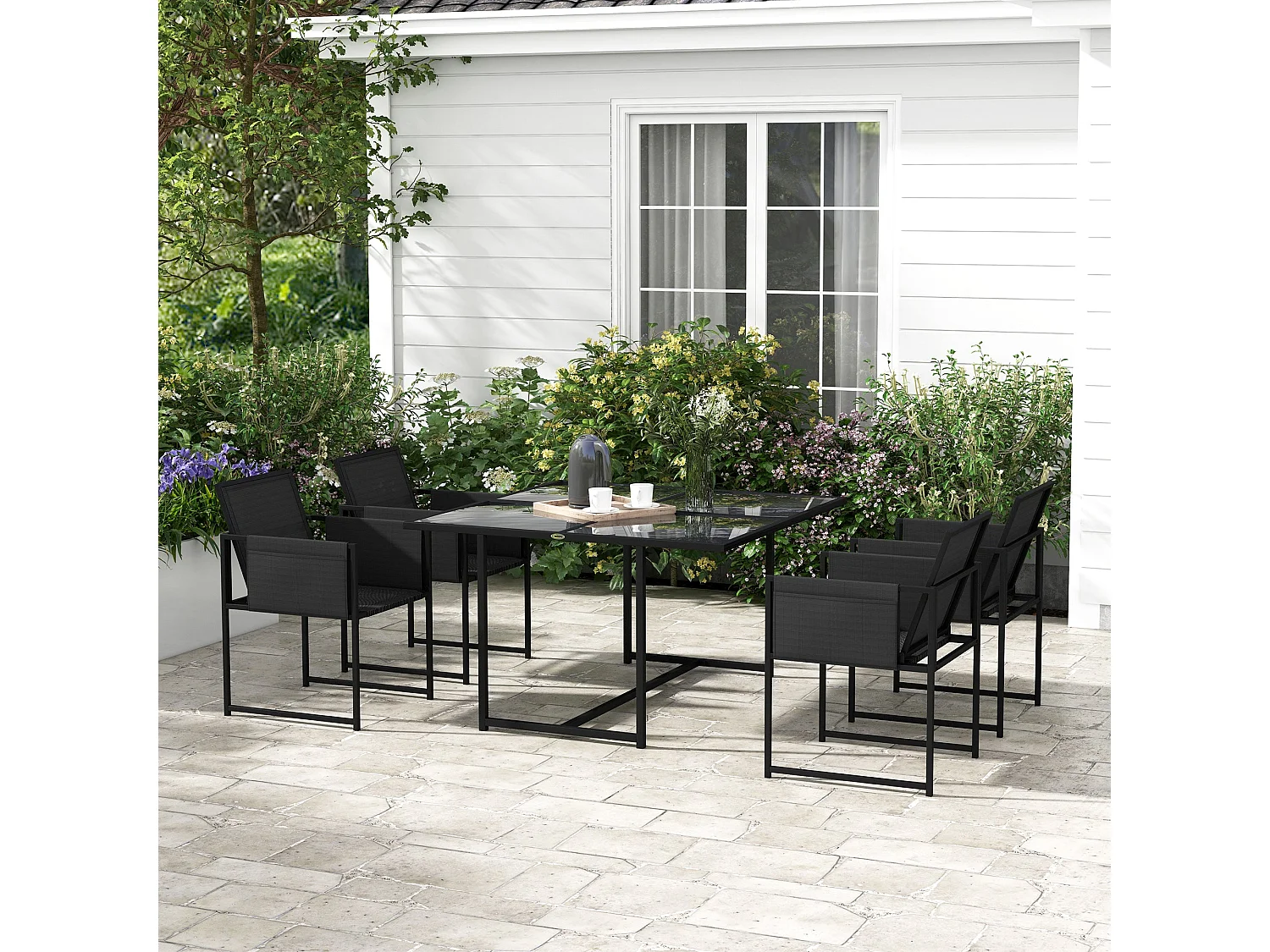 Bamico 4 Seater Black Metal Garden Dining Set with Mesh Seats and Glass Table