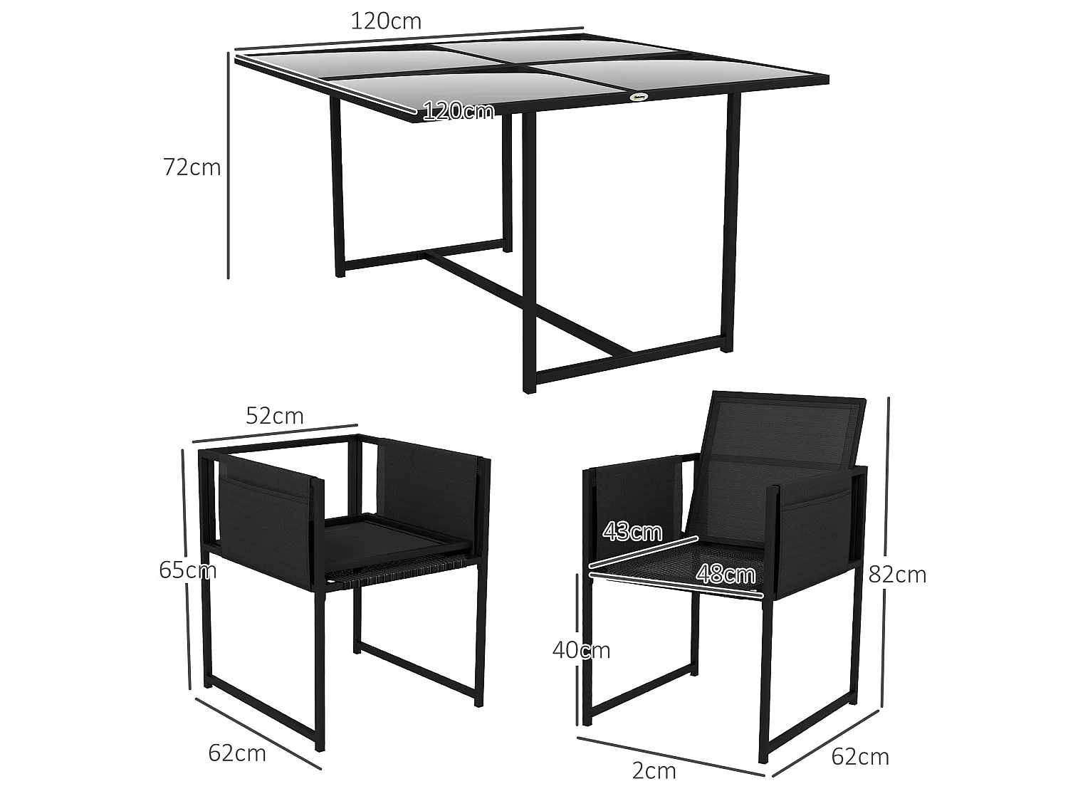 Bamico 4 Seater Black Metal Garden Dining Set with Mesh Seats and Glass Table