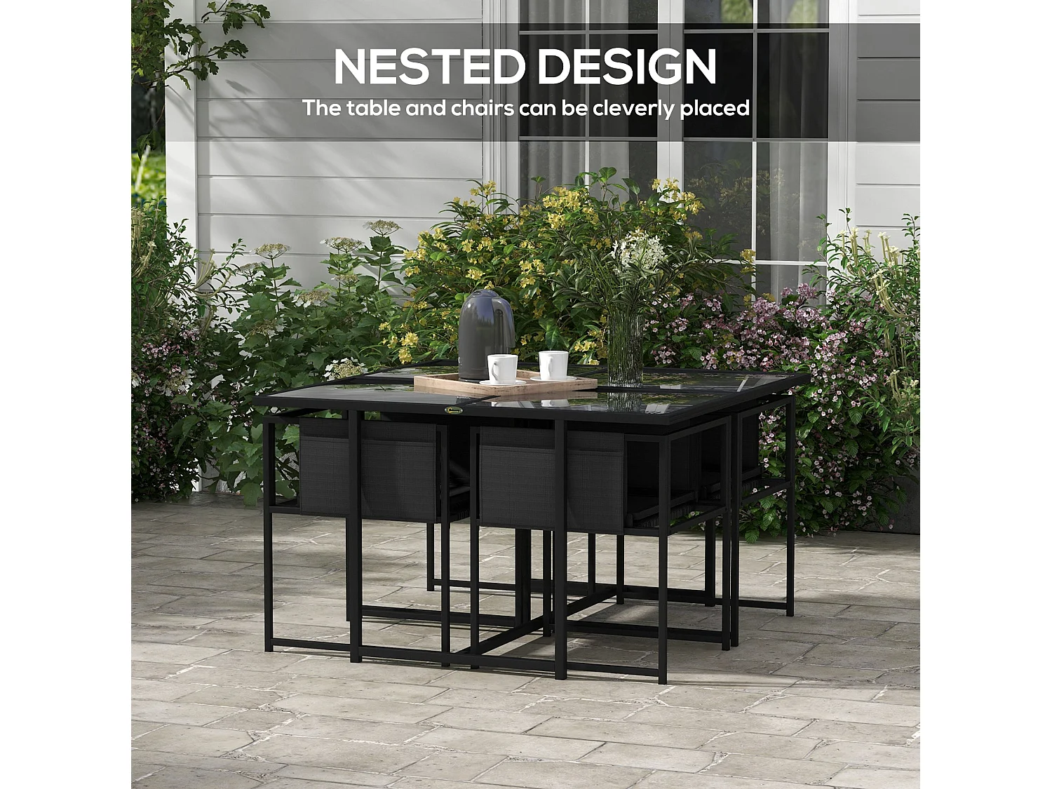 Bamico 4 Seater Black Metal Garden Dining Set with Mesh Seats and Glass Table