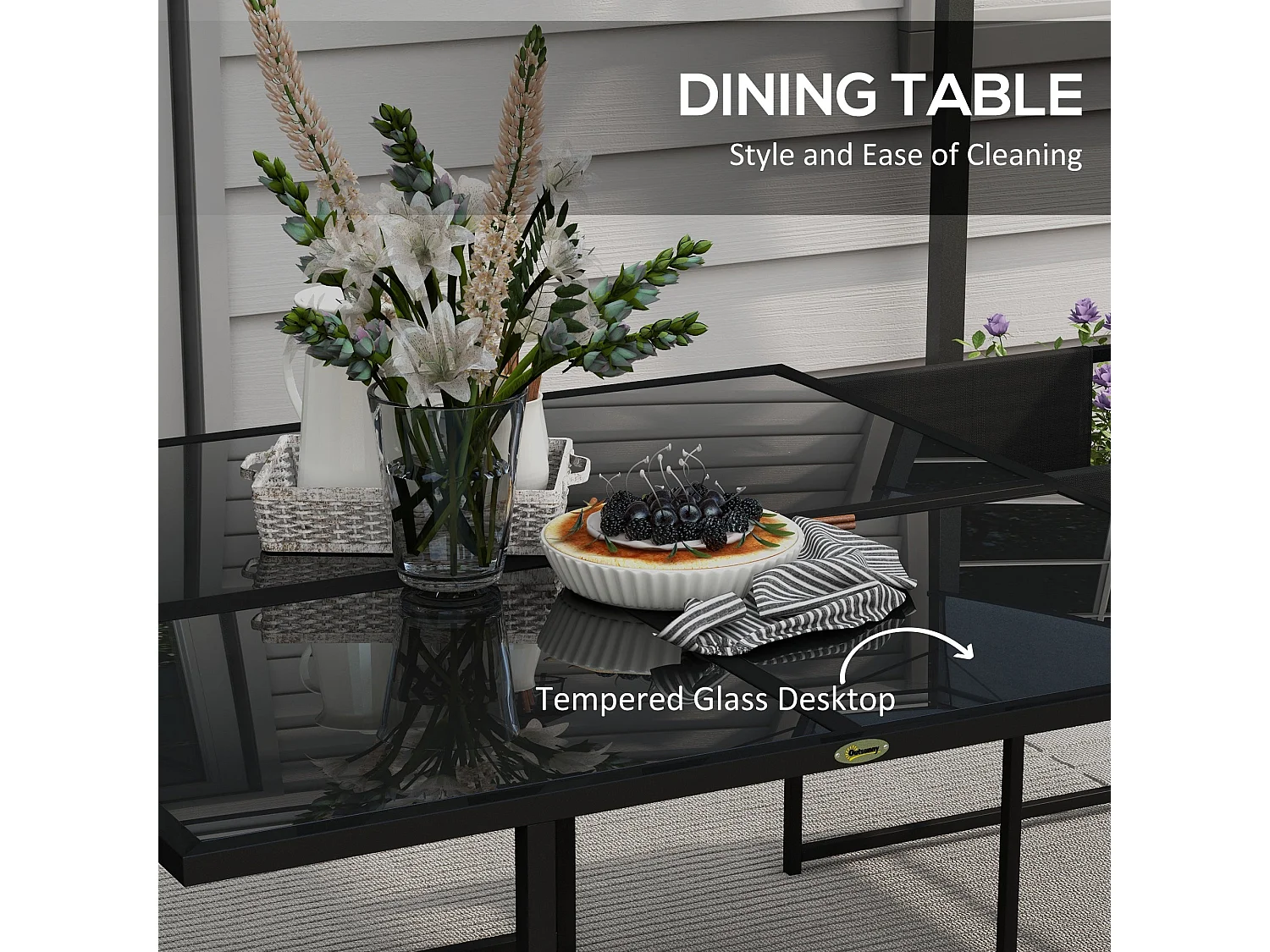 Bamico 4 Seater Black Metal Garden Dining Set with Mesh Seats and Glass Table