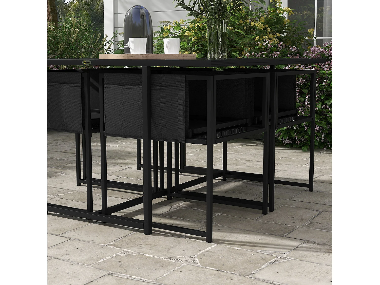 Bamico 4 Seater Black Metal Garden Dining Set with Mesh Seats and Glass Table