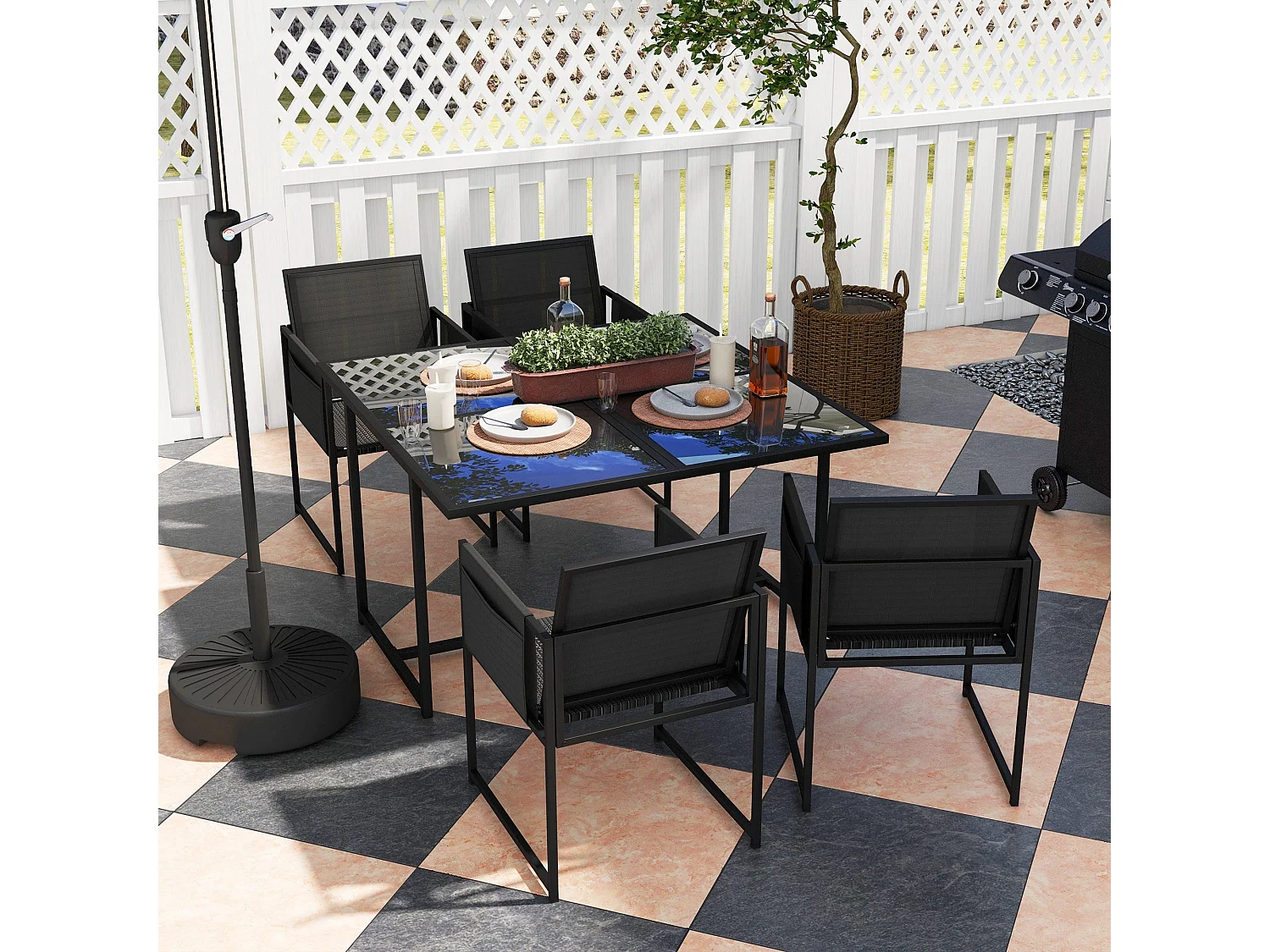 Bamico 4 Seater Black Metal Garden Dining Set with Mesh Seats and Glass Table