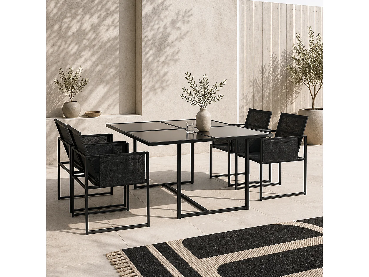 Bamico 4 Seater Black Metal Garden Dining Set with Mesh Seats and Glass Table