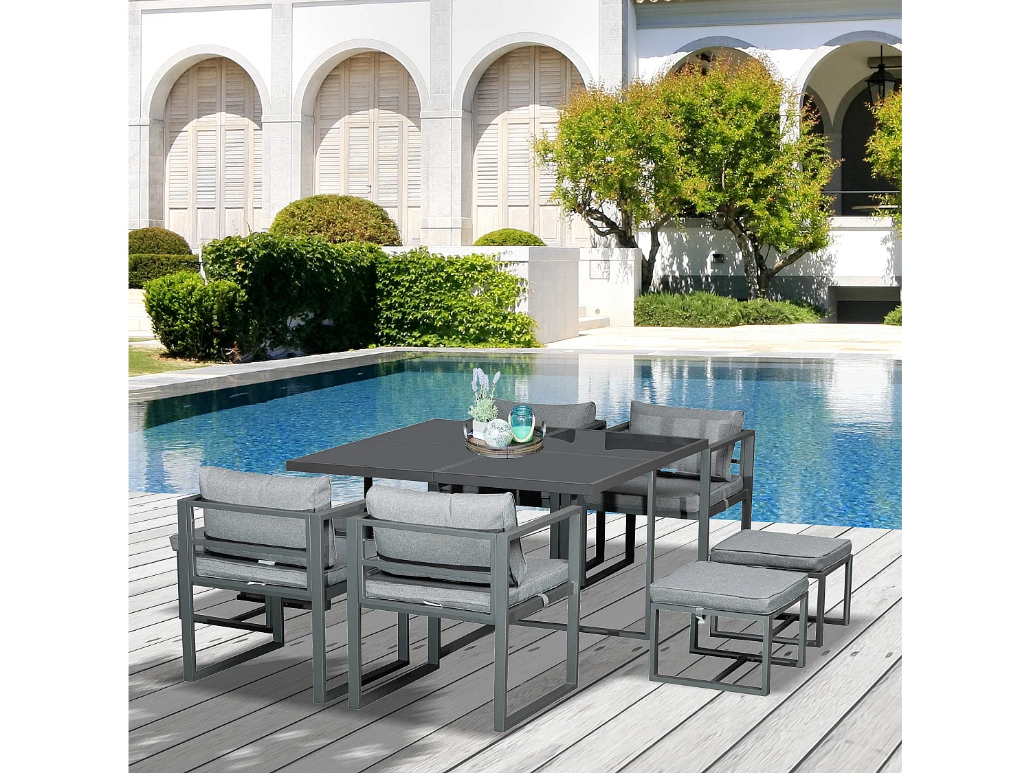 Moyoha 9 Piece Grey Aluminium Space Saving Garden Cube Dining Set with Cushions