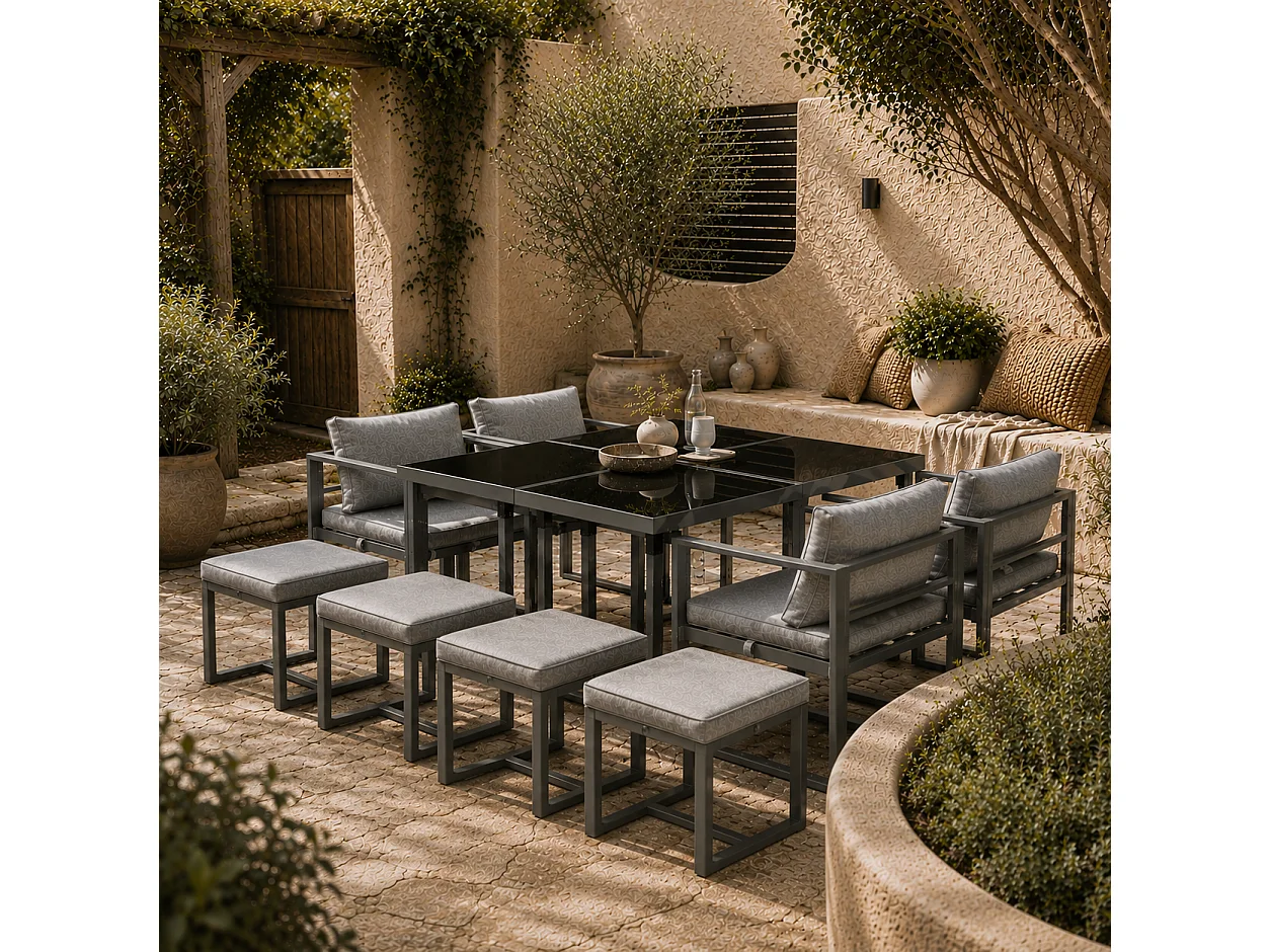 Moyoha 9 Piece Grey Aluminium Space Saving Garden Cube Dining Set with Cushions