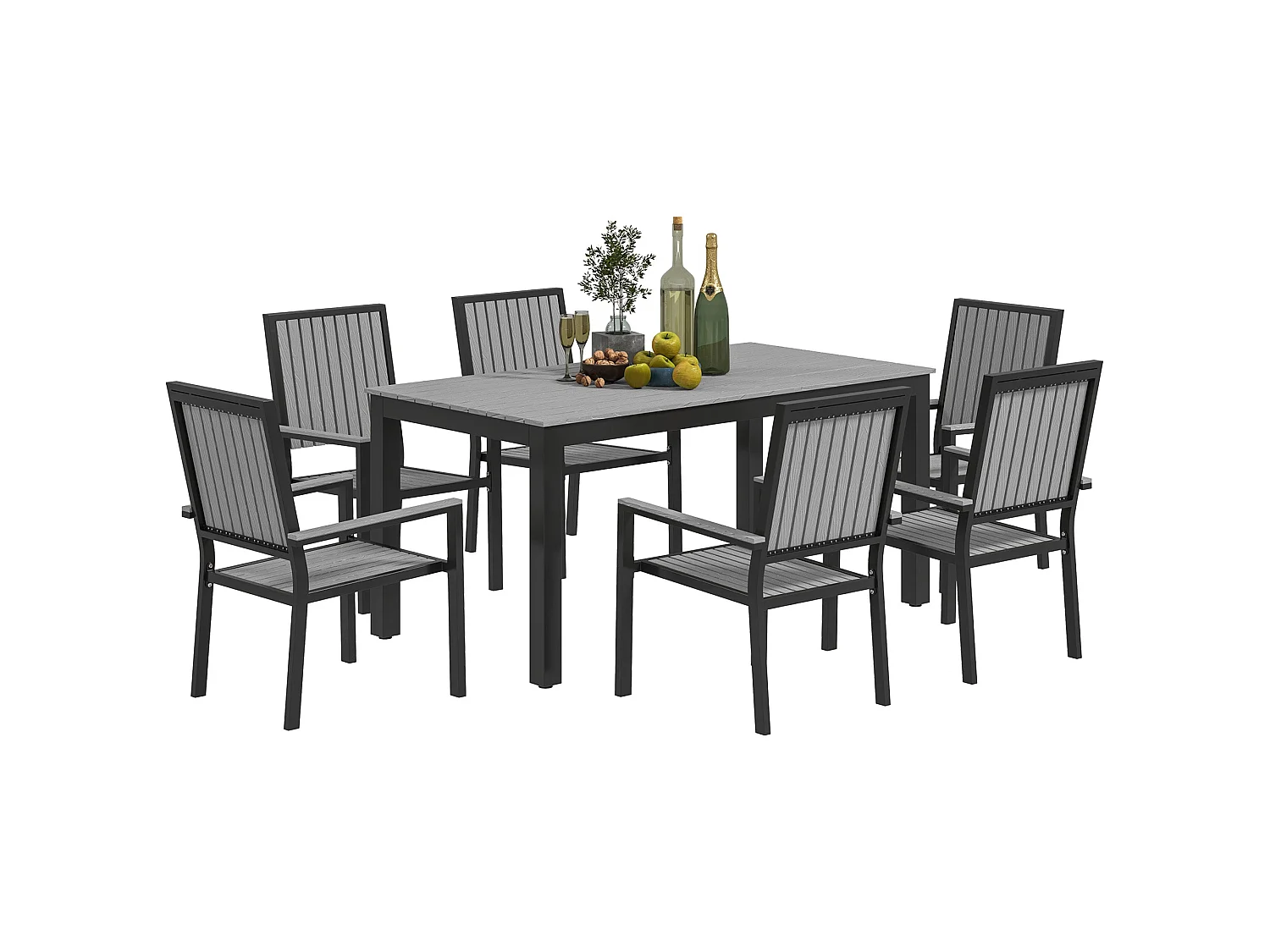 Tala 6 Seater Grey Garden Dining Set Rectangular 160cm Table with Stackable Armrest Chairs
